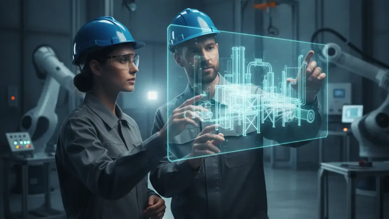 Engenheiros colaborando em um projeto de otimização conjunta de processos industriais com o software Maestro da Optimus, garantindo soluções personalizadas e sustentáveis.