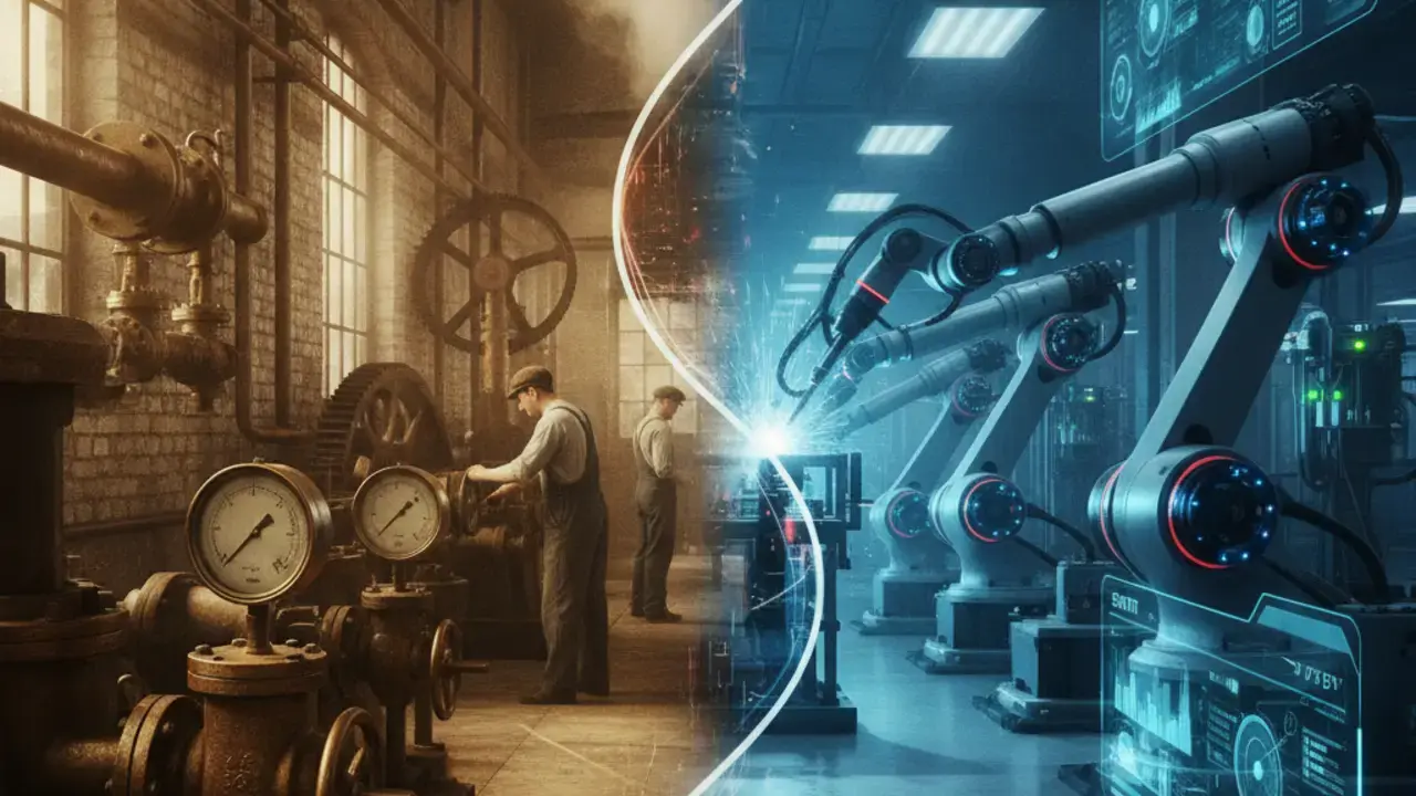 Representação visual da evolução do controle industrial, desde a intervenção manual até sistemas avançados de piloto automático industrial em uma fábrica moderna.
