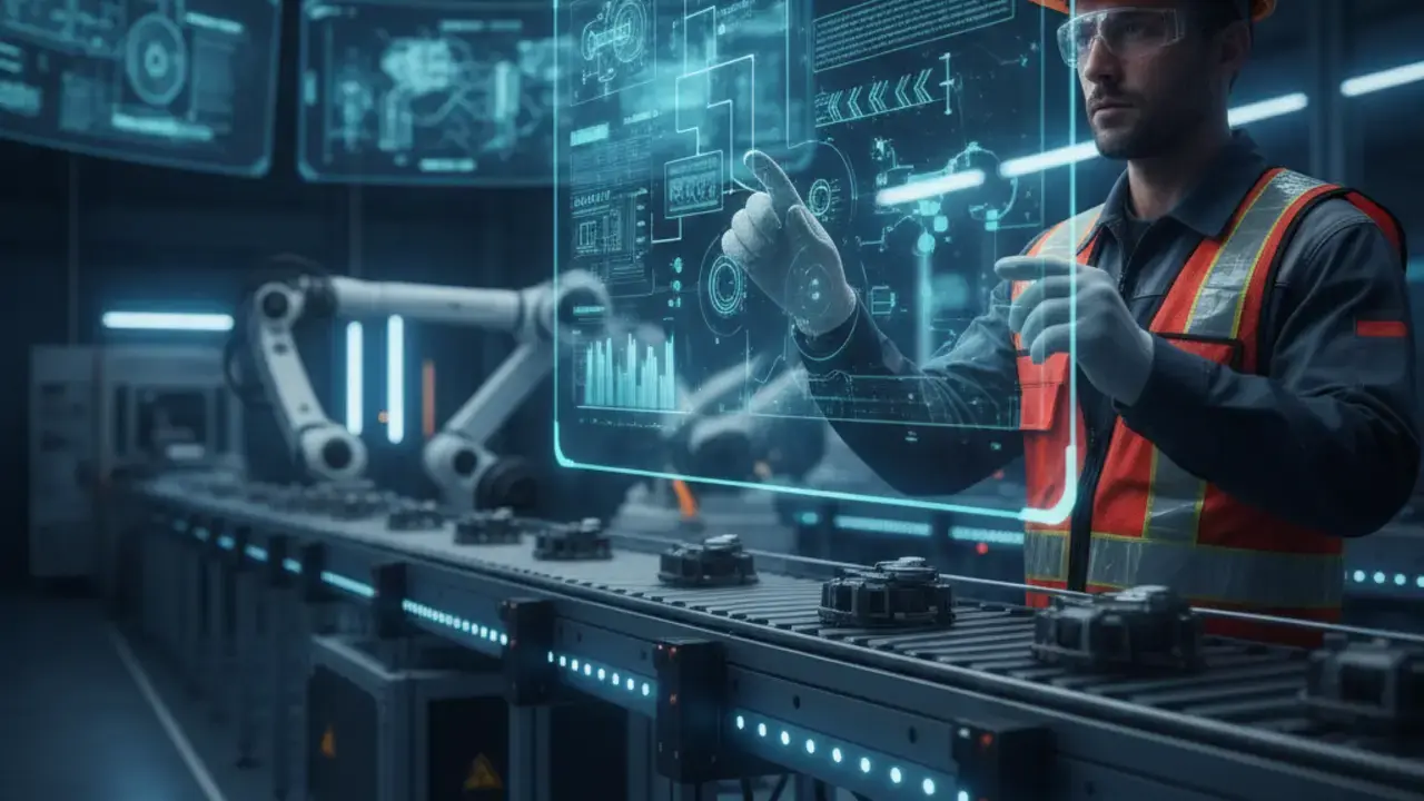 Operador de fábrica atuando como supervisor estratégico, utilizando painéis de controle digitais e sistemas de piloto automático industrial, ilustrando a evolução da função.